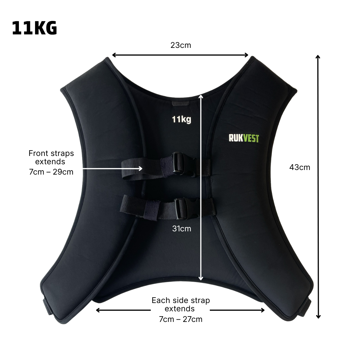 11KG RUKVEST with measurement details on a white background
