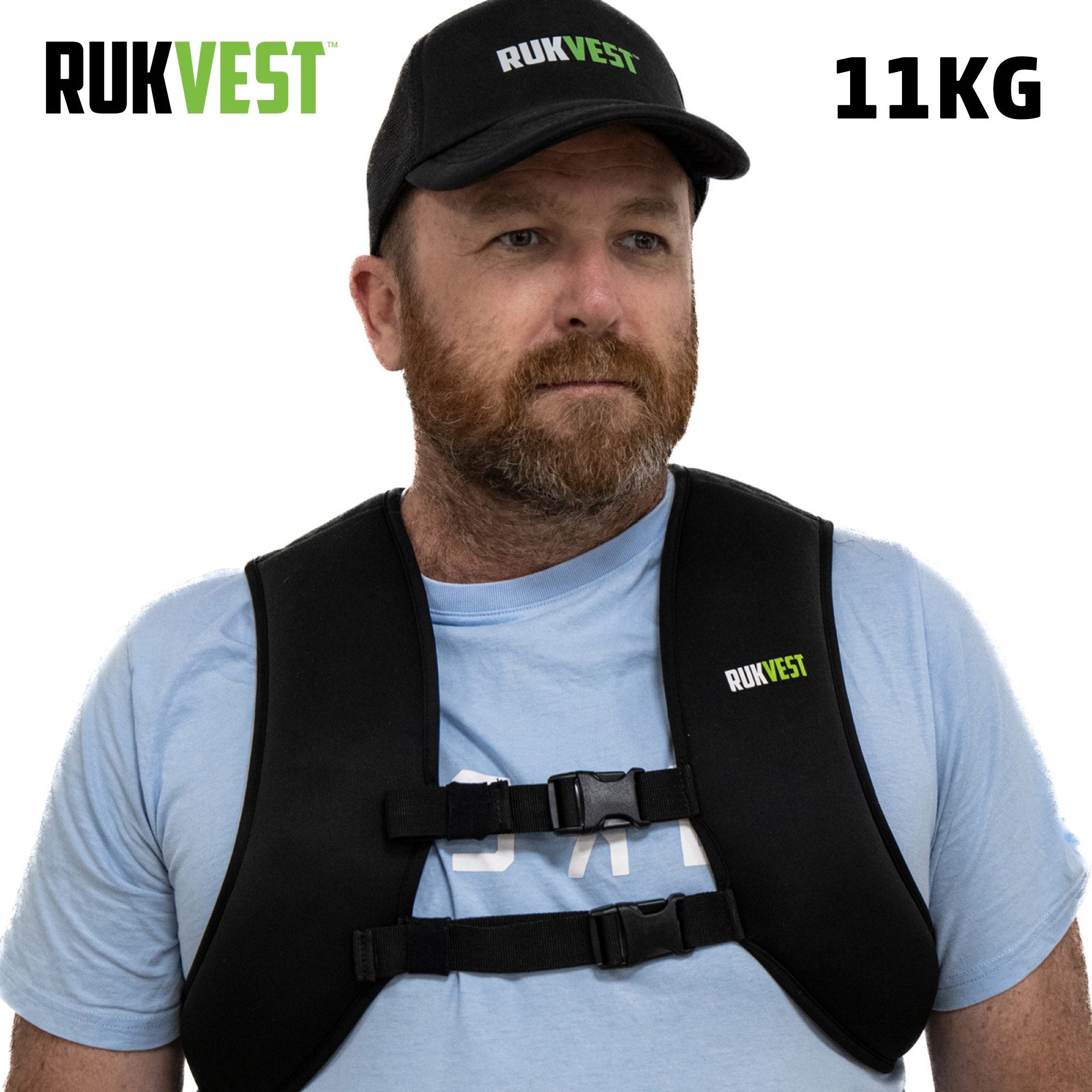 Man wearing an 11KG RUKVEST and cap on a white background