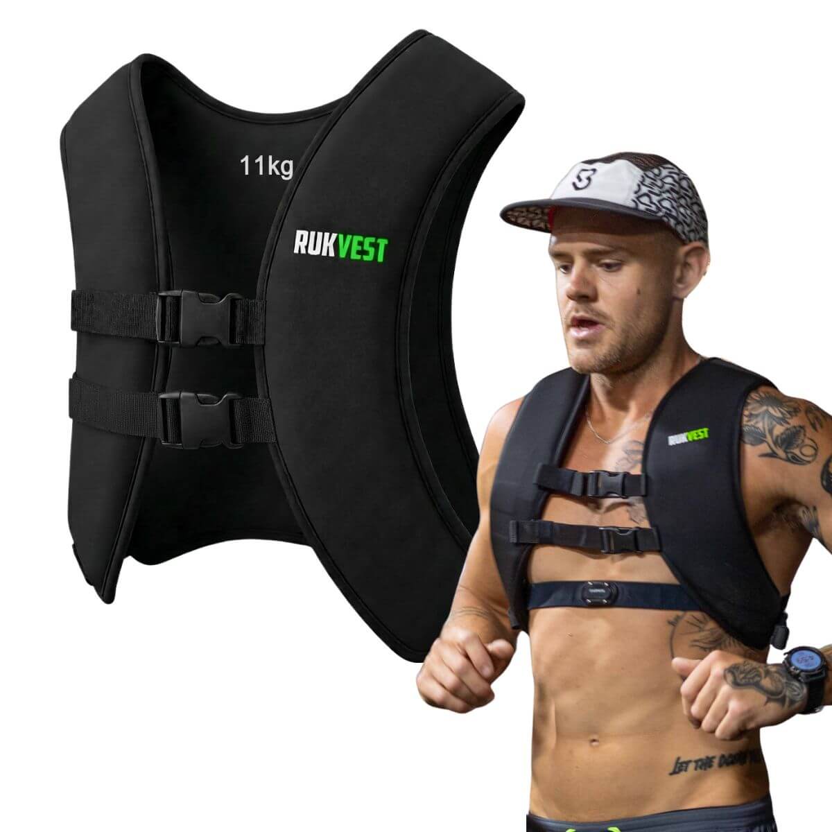 Black 11KG weight vest with 'Rukvest' branding worn by a man on a white background