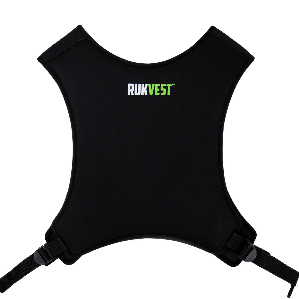 Back of the black 11kg RUKVEST laid flat, showing the RUKVEST logo