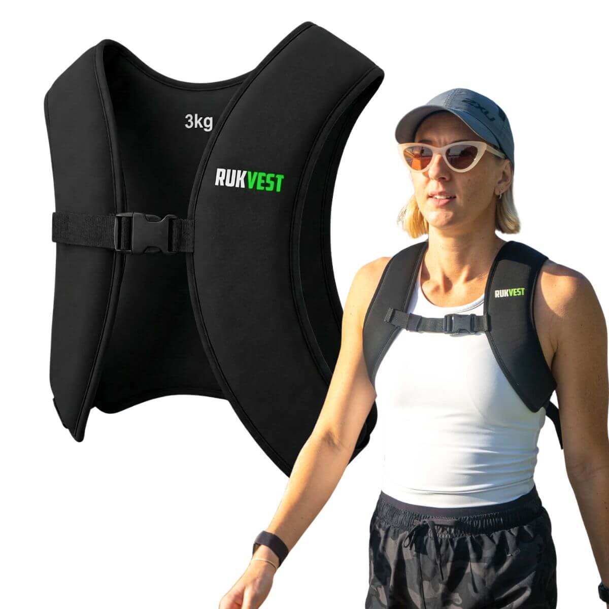 Black 3KG RUKVEST weighted vest with a woman wearing it on a white background