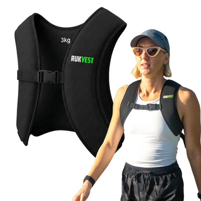 Black 3KG RUKVEST weighted vest with a woman wearing it on a white background