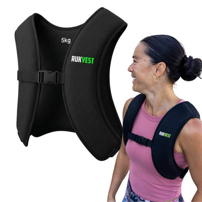 Black 5KG weight vest with 'RUKVEST' branding on a white background, worn by a person.