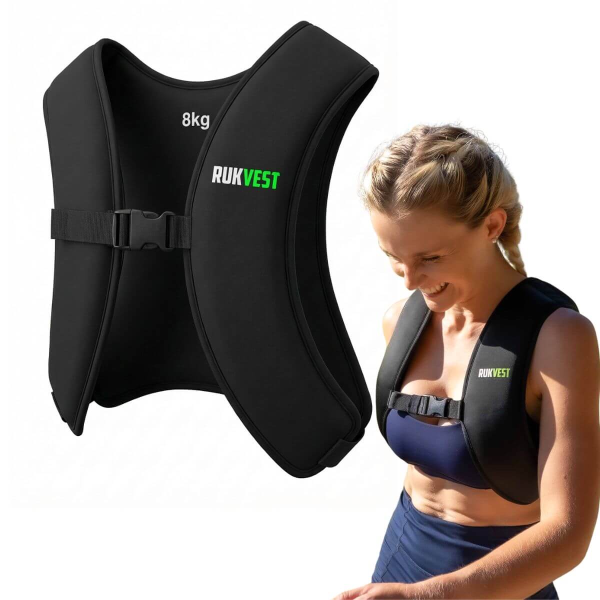 Black weight 8KG vest with 'RUKVEST' branding on a white background, next to a woman wearing the vest.
