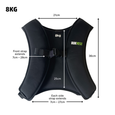 8KG RUKVEST with measurement details on a white background