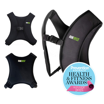 Three views of a black RUKVEST running vest on a white background, including a large side/back view, a front view from the back, and a front view from the front. A blue and pink Prevention Australia Health & Fitness Awards Winner 2025 badge is shown in the lower right corner.