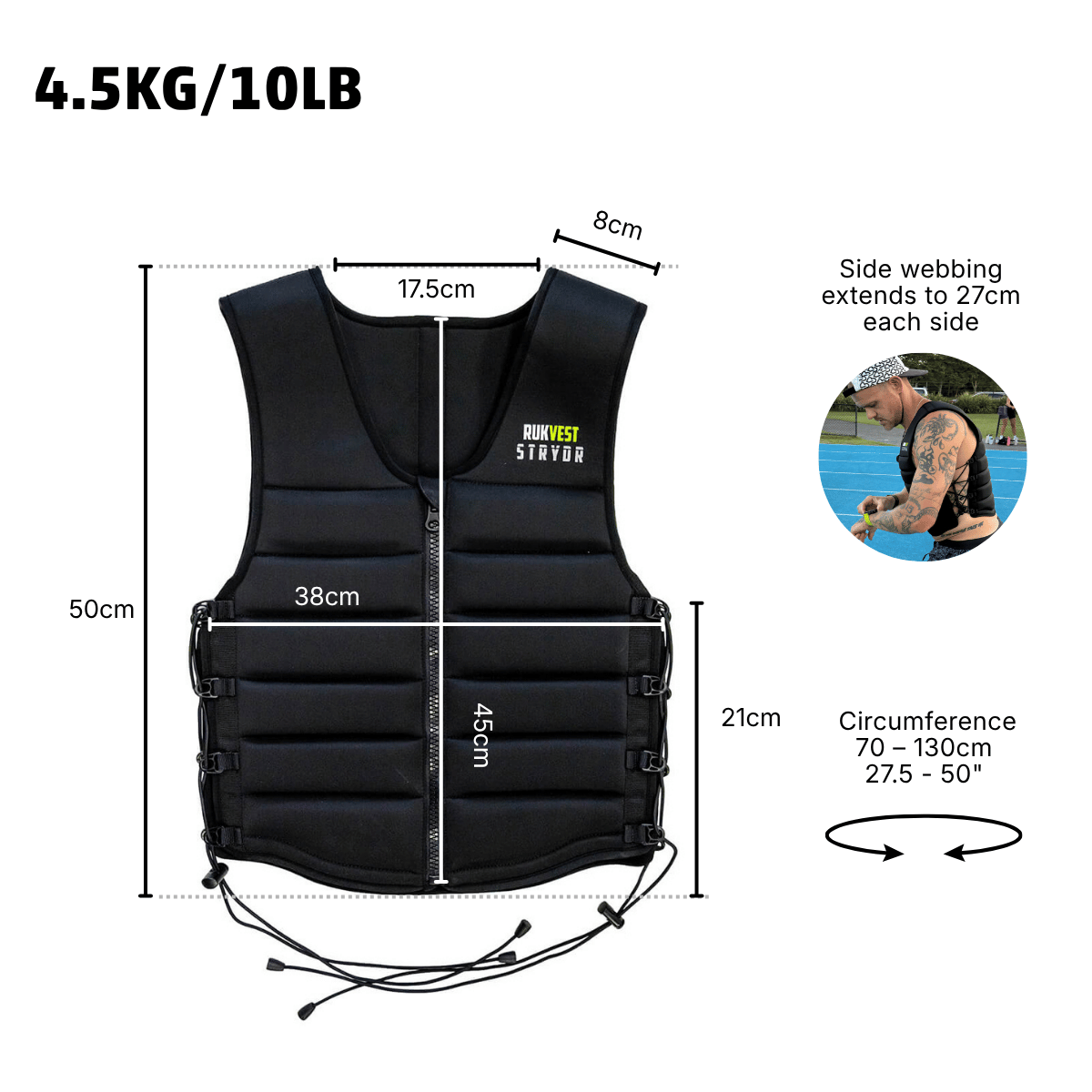 Black weighted vest with dimension measurements, showing width, height, and circumference details, plus a small circular lifestyle inset on the right.