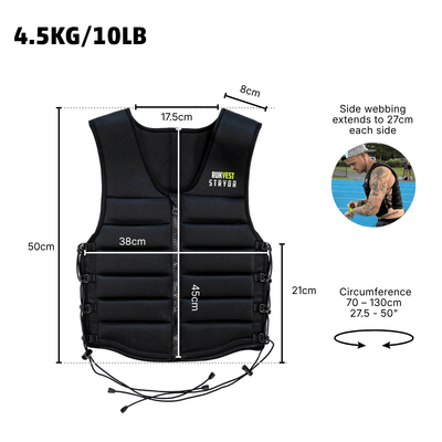 Black weighted vest with dimension measurements, showing width, height, and circumference details, plus a small circular lifestyle inset on the right.