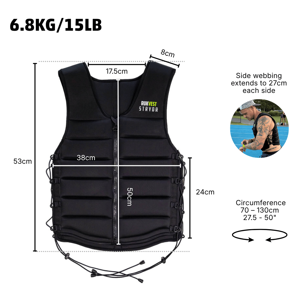 Black weighted vest with dimension measurements, showing width, height, and circumference details, plus a small circular lifestyle inset on the right.