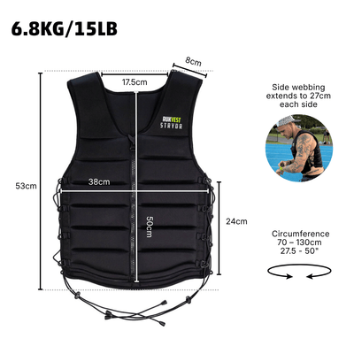 Black weighted vest with dimension measurements, showing width, height, and circumference details, plus a small circular lifestyle inset on the right.
